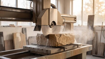 A stone cutting machine operates in a workshop. Water sprays over a large stone block as it is being cut. Sunlight filters through the windows, creating a warm atmosphere.