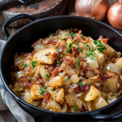 Cooking onions and potatoes with bacon in a black pot on a wooden table with onions in the background