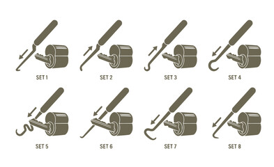 Obraz premium Key Extractor Locksmith Tool Set - Black Hooked Tool and Broken Key Removal Silhouettes Isolated on White
