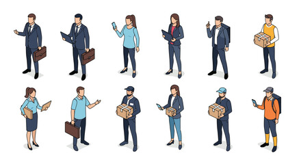 Obraz premium Set of twelve isometric characters representing diverse professionals like office workers, delivery personnel, and couriers in various poses.