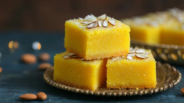 Delicious traditional Indian sweet squares topped with crunchy almonds for festive celebrations.