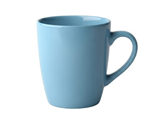 A sleek ceramic mug with a simple handle and subtle blue hue resting on a plain surface.