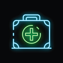 Obraz premium Neon sign representing a first aid kit, glowing green on a black background