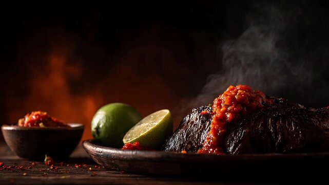 Steaming Hot Gourmet Roasted Meat with Spicy Red Salsa and Fresh Limes.
