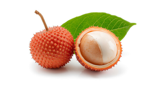 A detailed description of a fresh lychee fruit, showcasing one whole lychee with rough red skin and a short stem next to a halved lychee that reveals translucent white flesh and a glossy brown seed.