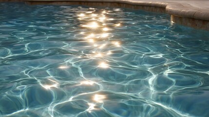 Sunlight dances on the shimmering blue surface of a tranquil swimming pool creating dazzling reflections