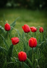 Red tulips with raindrops in green meadow
