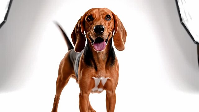Friendly brown dog with floppy ears standing on white studio background