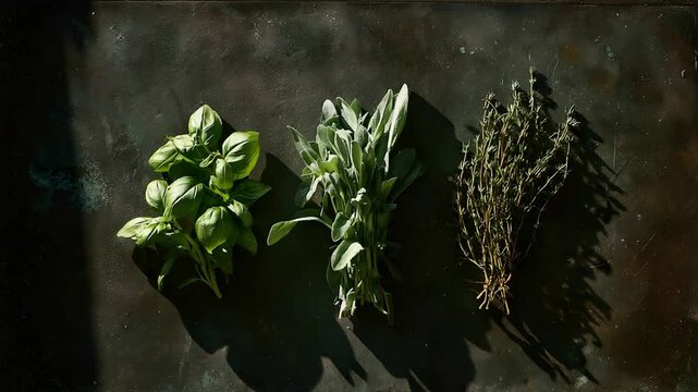 Fresh Aromatic Bunches of Basil, Sage, and Thyme Displayed on Dark Rustic Tabletop.