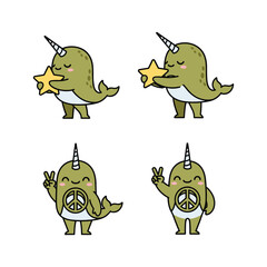 Cartoon narwhals showing peace signs and holding stars in a fun and playful style © MorsidaStock