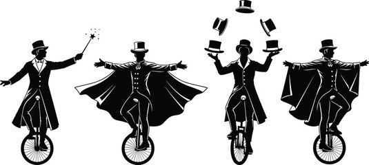 Circus magician silhouette riding a unicycle and performing tricks, symbolizing balance, entertainment, fantasy, performance art, vintage circus show, and theatrical illusion concept © Siddiqa Creatives 