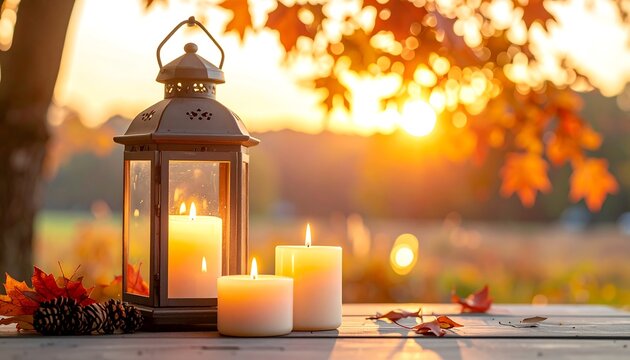 Autumn Lantern with Candles and Fall Leaves at Sunset.