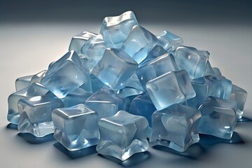 Pile of Translucent Blue Ice Cubes Isolated Cold Refreshing Background