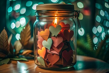 Kindness Jar Filled with Colorful Paper Hearts and Candle Light &ndash; Love and Gratitude Concept