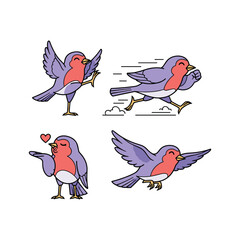Obraz premium Cartoon birds in various poses with emotions on white background