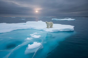Polar Bear Standing on Melting Ice Floe &ndash; Climate Change and Global Warming Concept