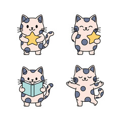Obraz premium Cute cartoon cats with stars and book in various poses on white background