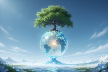 Tree Growing from Glowing Earth Globe &ndash; Sustainable Future and Environmental Protection Concept