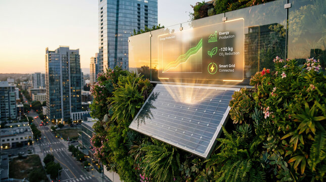 Rooftop solar panels merge with urban greenery, showing real time energy production and sustainability data.