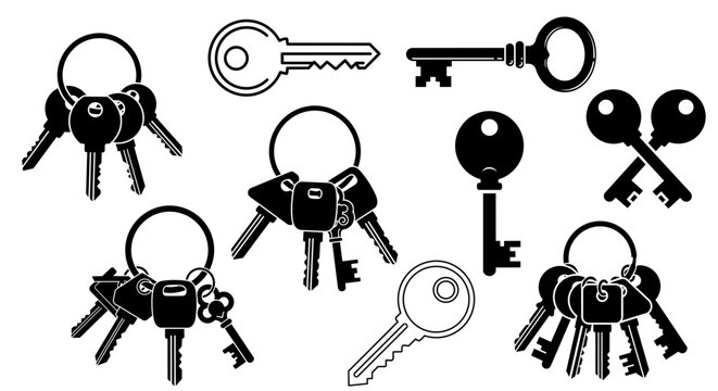 Key ring and house key icon set &ndash; security, access and locksmith vector icons