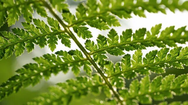 Translucent green fern fronds illuminated by bright sunlight, creating delicate patterns