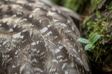 Close-Up of Owl Feathers with Natural Pattern Texture and Dewy Forest Detail