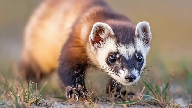 Wild Black Footed Ferret Looking Alertly in Natural Prairie Environment.
