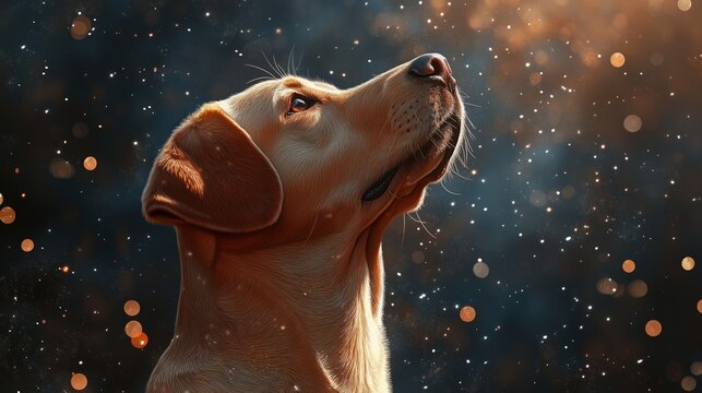 Picture of a yellow dog looking up at something.
