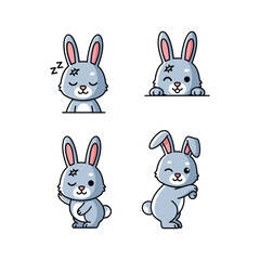 Cute cartoon bunny with different emotions and expressions on white background