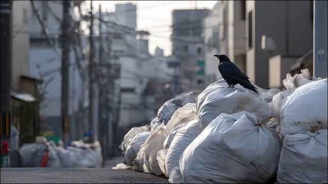 Urban Crow: A Solitary Sentinel Amidst the City's Waste, Nature's Resilience in a Concrete Landscape. A Symbol of Adaptability and Survival in Modernity