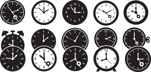 Collection of various analog clocks and alarm clocks displayed