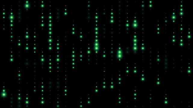 Background wall of flashing green led lights. Abstract rain of green falling lights. Peaceful calm background. Shining flicker animation for banner. VJ animation. 4k seamless loop video