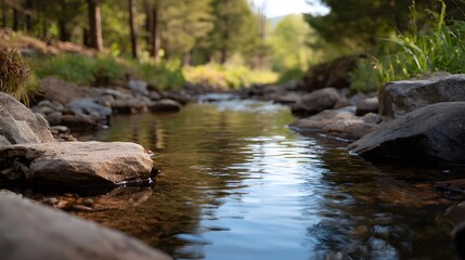 Fototapeta premium A clear forest stream flows over rocks with gentle ripples reflecting the natural light and surrounding greenery