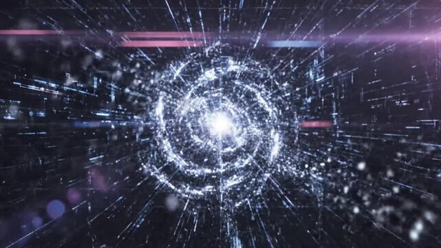  Vibrant digital tunnel with radiant light beams and dynamic particles