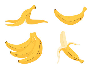 Vector set of hand-drawn yellow bananas isolated on white background. Flat cartoon style illustration featuring single whole banana, bunch of fruit, peeled banana, and banana skin. © Mila