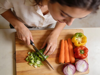 Woman slicing green bell pepper for cooking on a cutting board graphic design