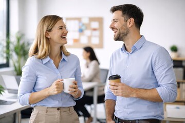 Happy Business Colleagues Drinking Coffee and Laughing Together in Modern Office