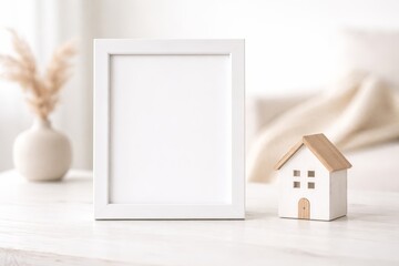 White Vertical Frame Mockup with Small Wooden House on Table, Minimal Home Interior