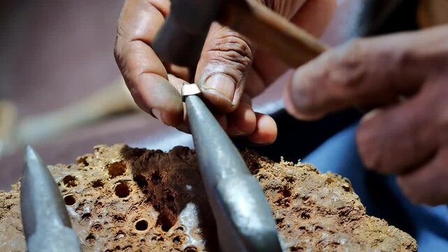 Jeweler shaping metal ring on mandrel with hands in workshop, closeup artisan crafting jewelry by hand, traditional craftsmanship and handmade production concept
