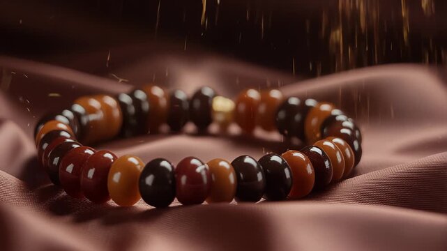 Prayer Beads With Falling Golden Particles On Silk Fabric
