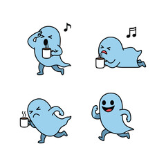 Obraz premium Cartoon ghost enjoying coffee in different emotional states with copy space