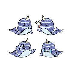 Cute cartoon narwhal with different facial expressions in a set © MorsidaStock