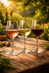 Three wine glasses with red, white, and ros&eacute; wine on a rustic wooden table in a vineyard for mockup or advertising