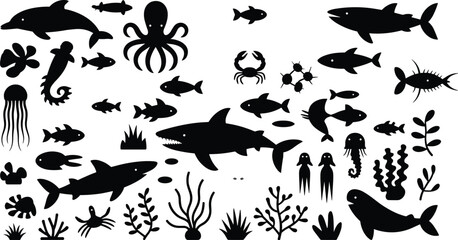 Black silhouette vector illustration of diverse sea creatures including dolphins, sharks, fish, octopus, jellyfish, crabs, seahorses, whales, and coral plants © anisur-creatives