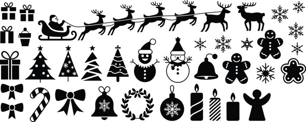 Christmas holiday icons collection featuring Santa sleigh reindeer gifts snowflakes decorations isolated on white background festive winter vector illustration set © Mojahid