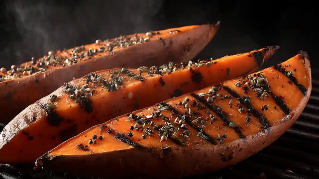 Delicious sweet potato halves grilling on a hot barbecue with aromatic spices and rising steam.