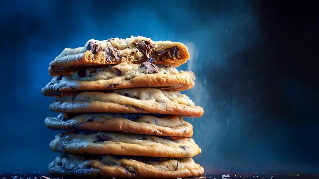 Delicious Stack of Freshly Baked Chocolate Chip Cookies with Melted Chocolate in a Broken One.