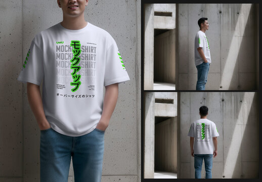 3 Oversized T-shirt Mockups on a Young Asian Man