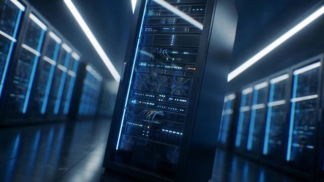Camera gliding past illuminated server racks in a modern data center corridor with blue status lights