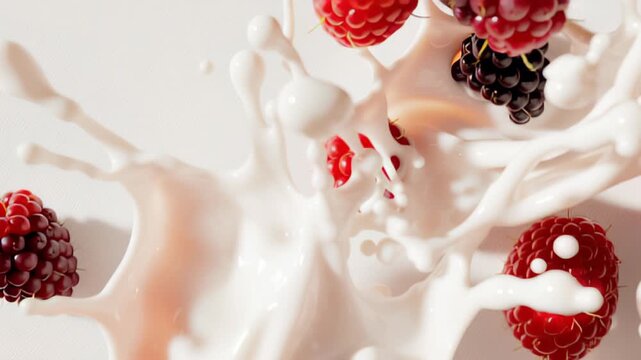 Vibrant berry splash in milk: dynamic freeze-frame capturing juicy raspberries and blackberries